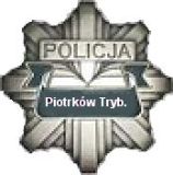 odznaka policyjna w kolorze szarym, w miejscu numeru identyfikacyjnego na niebieskim tle umieszczony napis Piotrków Tryb.