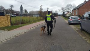 policjant wraz z psem tropiącym idący tropem zaginionego