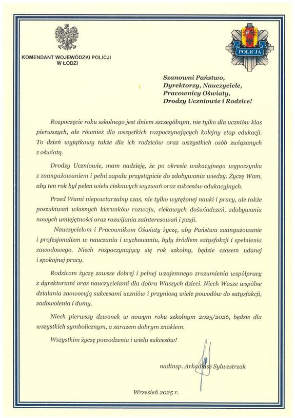 List intencyjny Komendanta Wojewódzkiego Policji w Łodzi.