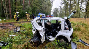 pojazd biorący udział w zdarzeniu drogowym, w tle radiowóz policyjny