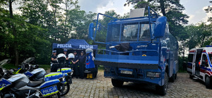Policjanci wraz z dziećmi podczas pikniku.