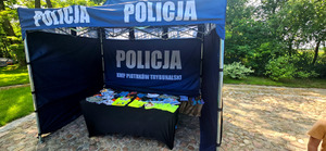 Policjanci z dziećmi podczas pikniku.