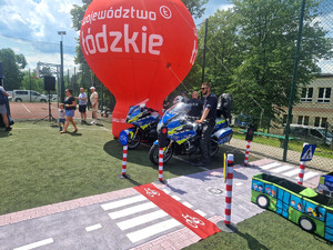Policjanci wraz z dziećmi podczas pikniku.