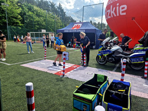 Policjanci wraz z dziećmi podczas pikniku.