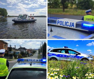 zdjęcie policjantów, radiowozów i policyjnej łodzi.
