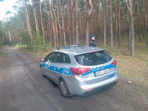 Policjant stojący przy radiowozie w leśnym dukcie.