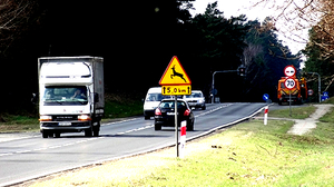 Droga po której jadą pojazdy, przy niej stoi znak Uwaga zwięrzęta leśne.