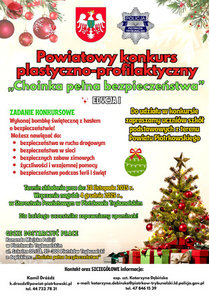 Plakat opisujący konkurs plastyczny &quot;Choinka pełna bezpieczeństwa&quot;.