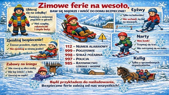Plakat przedstawiający bezpieczne zabawy podczas ferii.