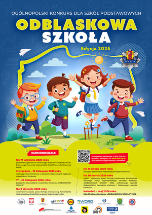 Plakat ogólnopolskiego konkursu dla szkół podstawowych Odblaskowa szkoła edycja 2025.
