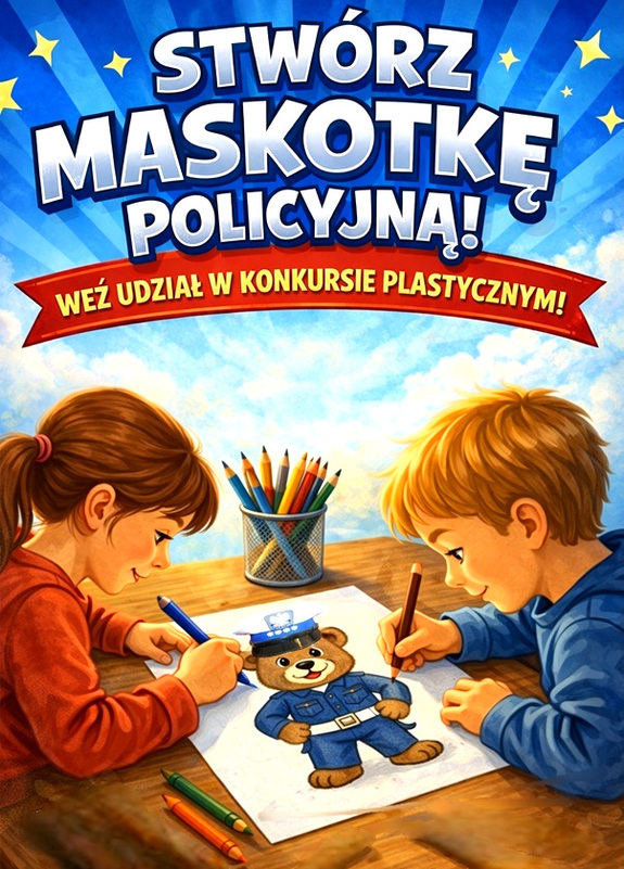 Plakat konkursu plastycznego z napisem Stwórz maskotkę policyjną weź udział w konkursie plastycznym. Poniżej dzieci malujące misia w stroju policjanta.