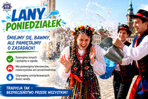 Zdjęcie przedstawiające osoby polewające się wodą wraz z zasadami bezpieczeństwa.