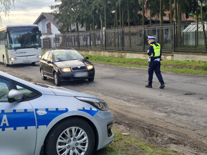 Policjant podczas kontroli na drodze.